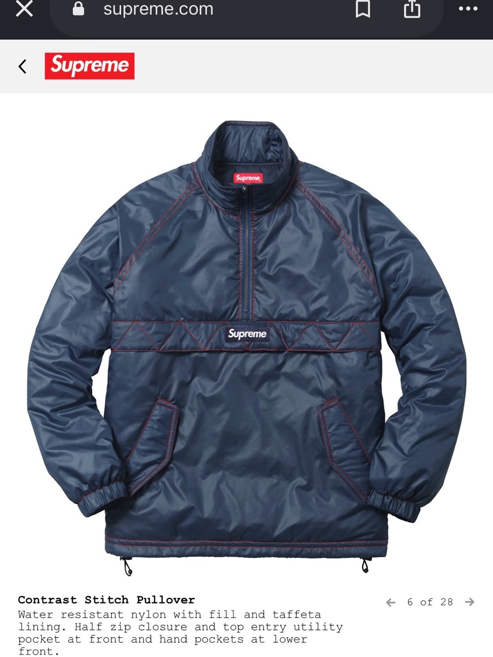 Supreme Navy Puffer Pullover with Red Contrast Stitching